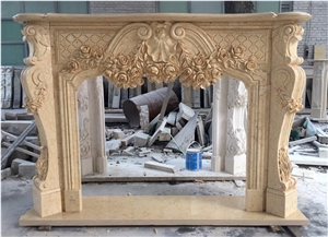 Hand-Carved Beige Marble Indoor Stone Fireplace