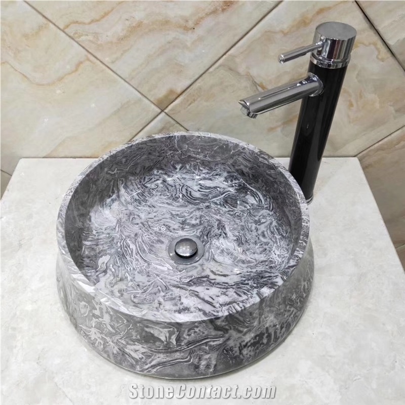 Dark Grey Vileplume Marble Bathroom Round Sinks