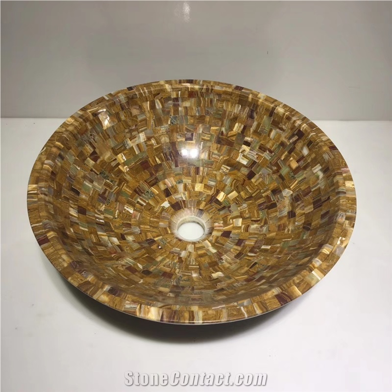 Yellow Mosaic Stone Outdoor Circular Public Basins