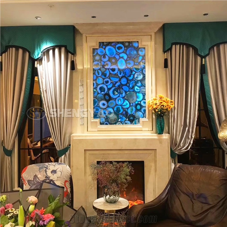 Backlit Blue Onyx Slab Polished Agate Wall Panel