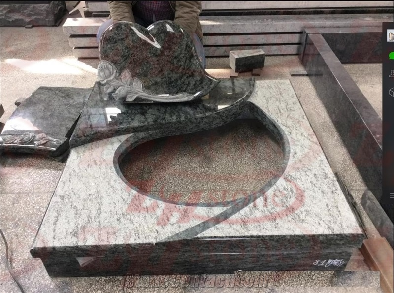 Green Granite Rose on Heart Headstone