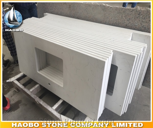 China Artificial Carrara White Quartz Pre-Fabricated Countertop, Artificial Stone Vanity Tops, Hotel and House Project Bathroom Vanities, Vanity Tops
