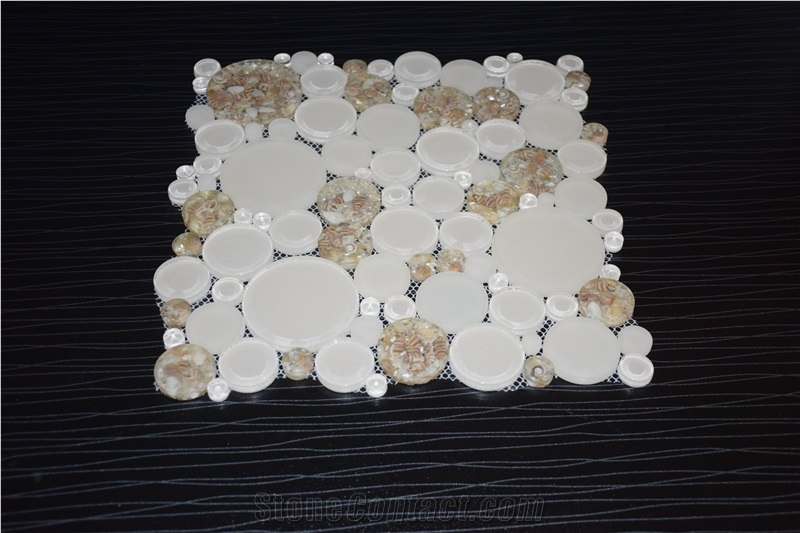 Penny Round White Color and Crystal Brown Glass Mosaic