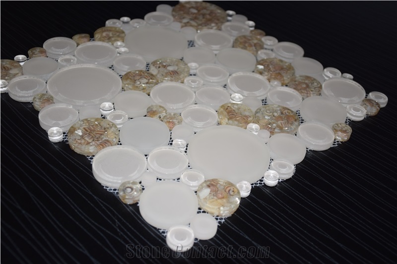Penny Round White Color and Crystal Brown Glass Mosaic
