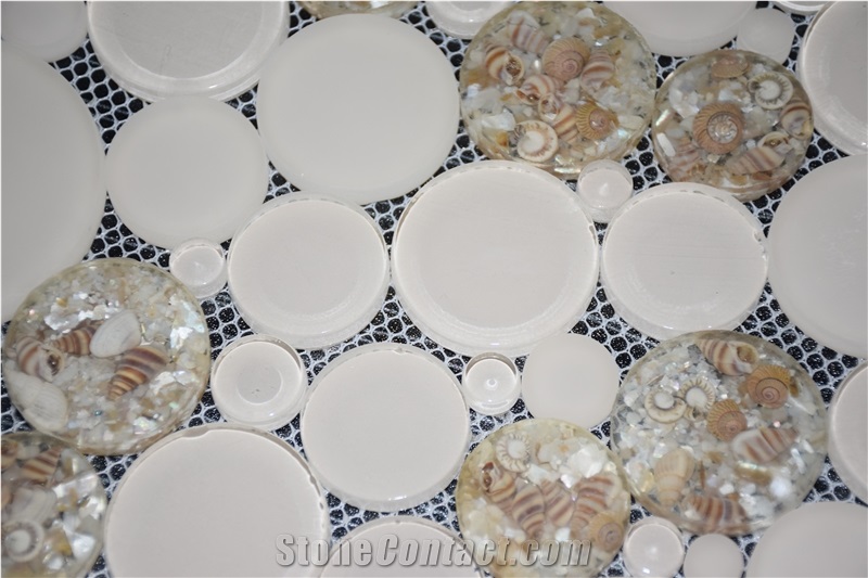 Penny Round White Color and Crystal Brown Glass Mosaic