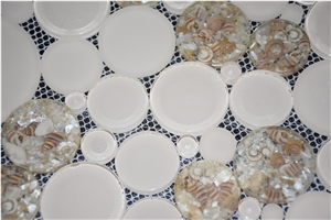 Penny Round White Color and Crystal Brown Glass Mosaic