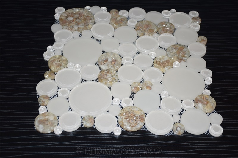Penny Round White Color and Crystal Brown Glass Mosaic