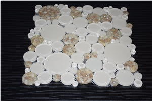 Penny Round White Color and Crystal Brown Glass Mosaic