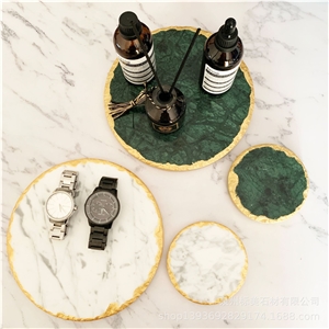 Green and White Engraved Golden Marble Table Mat