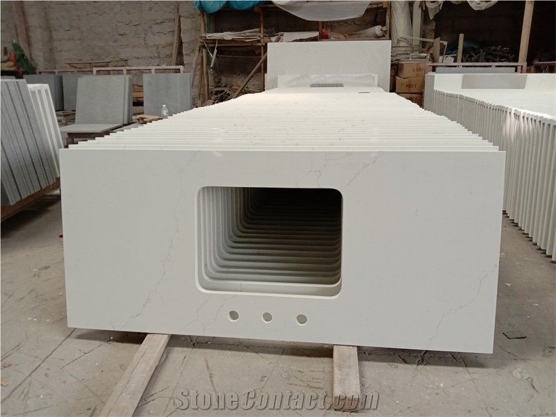 White Calacatta Quartz Prefab Bathroom Countertop