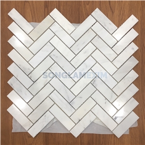 Milky White Marble Polished Herringbone Mosaic