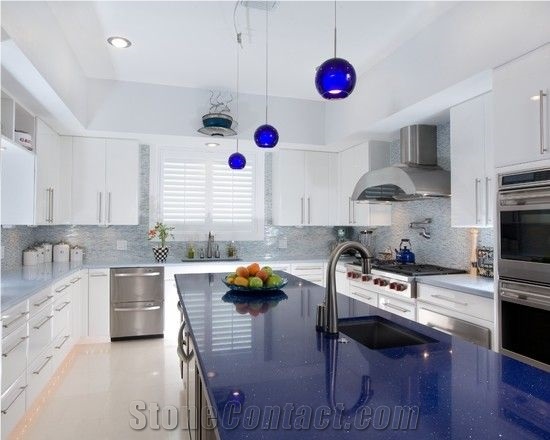 Blue Sparkle Quartz Kitchen Countertop, Island Top