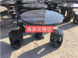 Butterfly Blue Granite Round Table and Chair Sets