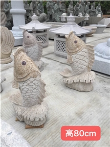 Courtyard Stone Water Fountain Fishes Spray Statue