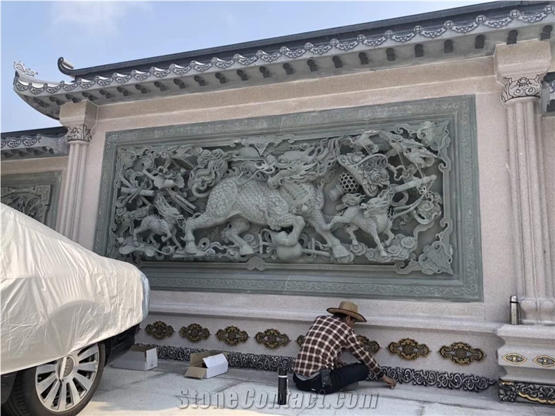 Elegantly Carved Chinese Dragon Stone Wall Relief