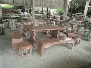 Isola Red Granite Garden Stone Table Long Bench