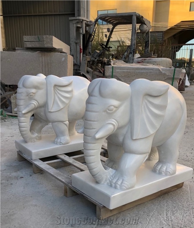 White Marble Animals Elephants Statue Sculpture