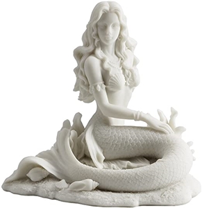 White Marble Sculpture Of Mermaid Sitting on Beach