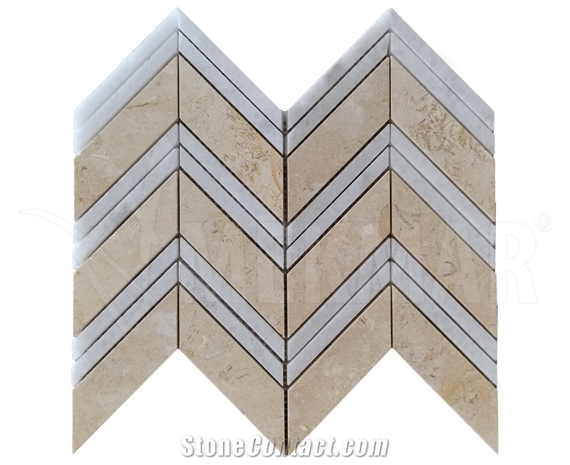 White & Beige Marble Polished Chevron Mosaic Mp-Wc-C41