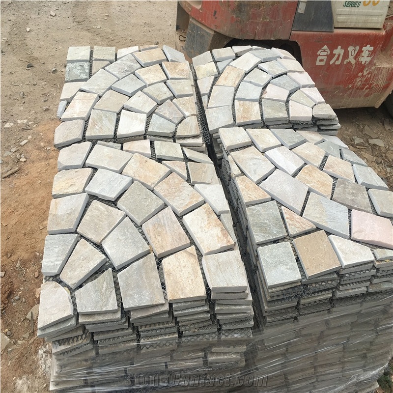 Fan Pattern Yellow Slate Meshed Paving Sets