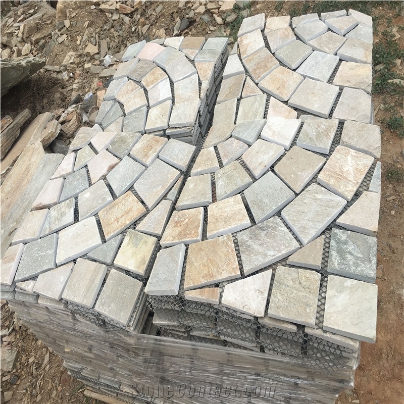 Fan Pattern Yellow Slate Meshed Paving Sets
