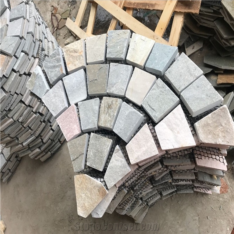Fan Pattern Yellow Slate Meshed Paving Sets