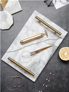 Green Quartzite Marble Tray with Gold Handles