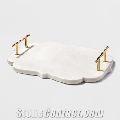 Natural White Carrara Marble Tray Gold Handles