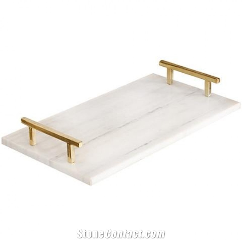Natural White Carrara Marble Tray Gold Handles