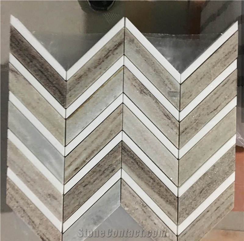 White and Grey Marble Mixed Herringbone Mosiac