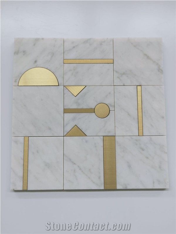 White Marble Mosaic Pattern Tiles Metal Waterjet