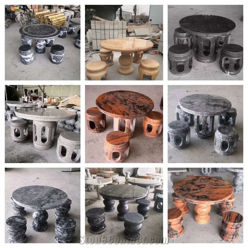 Black Granite Antique Stone Round Table Sets Bench