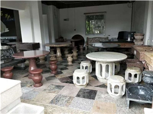 Black Granite Antique Stone Round Table Sets Bench