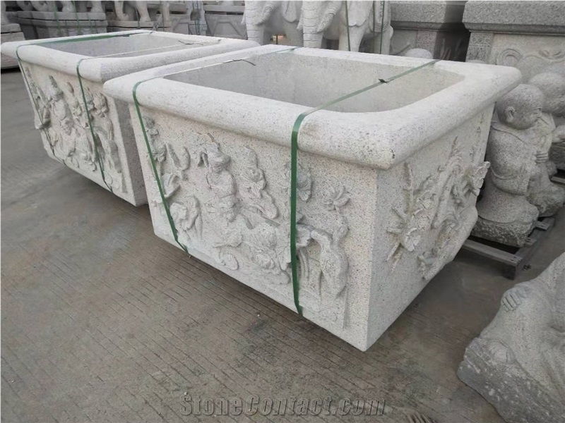 Stone Relief Carving Flower Planter Cube Plant Pot