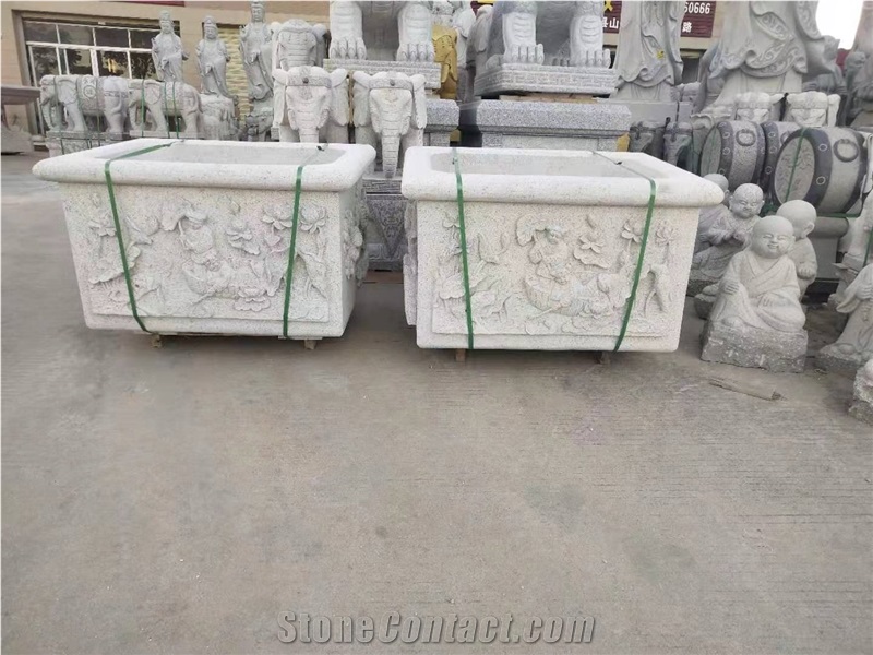 Stone Relief Carving Flower Planter Cube Plant Pot