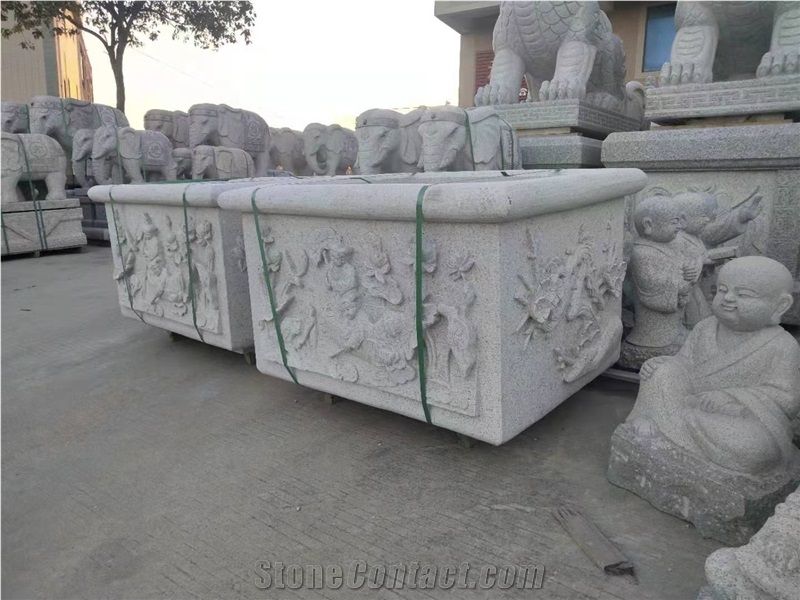 Stone Relief Carving Flower Planter Cube Plant Pot