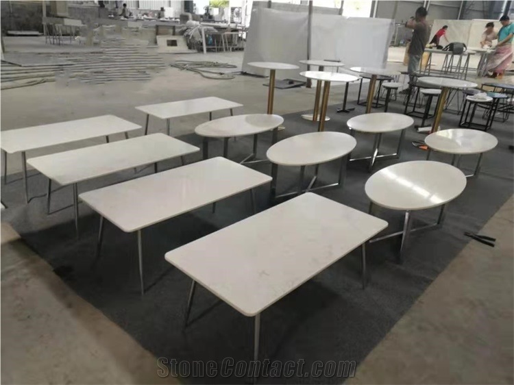 Pure White Quartz Tables for Hotel with Base