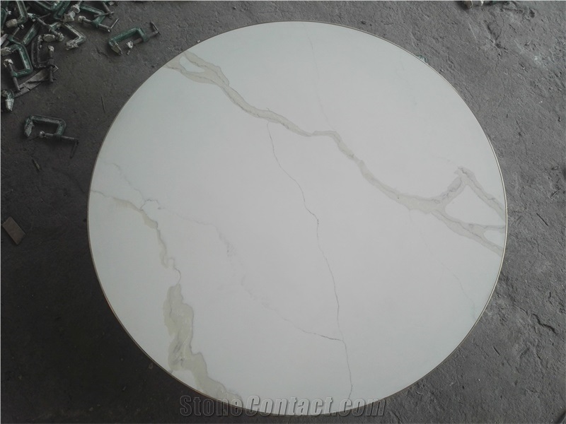 Round Calacatta White Quartz Stone Cafe Table Top
