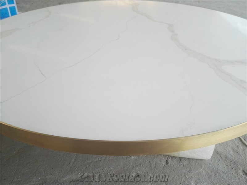 Round Calacatta White Quartz Stone Cafe Table Top