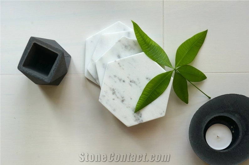 Hexagon Marble Coasters Carrara White Tray