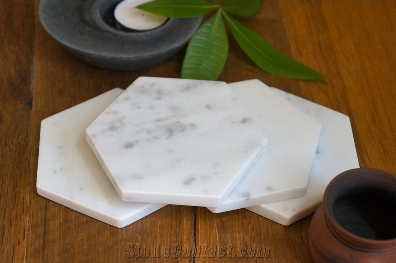 Hexagon Marble Coasters Carrara White Tray