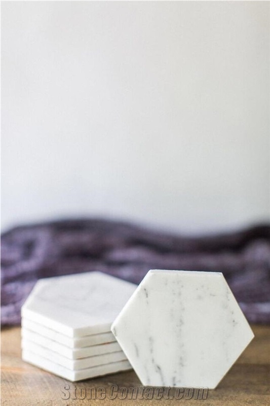Hexagon Marble Coasters Carrara White Tray