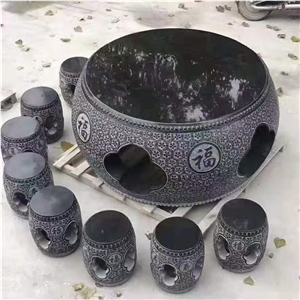 China 654 Black Granite Relief Round Table Sets