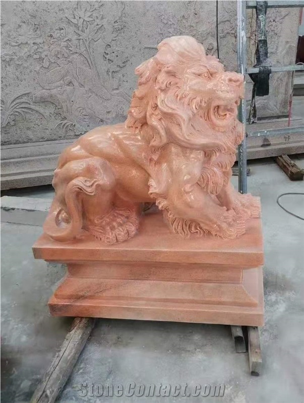Red Sunset Marble 24 Inch Guardian Lion Sculpture