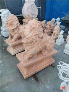 Red Sunset Marble 24 Inch Guardian Lion Sculpture