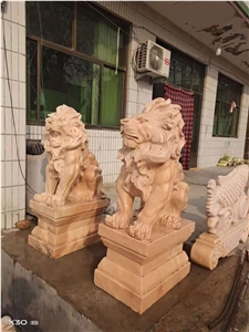 Red Sunset Marble 24 Inch Guardian Lion Sculpture