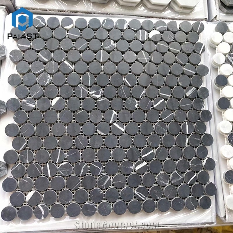 Black Marble Round Mosaic Tiles For Kitchen Wall