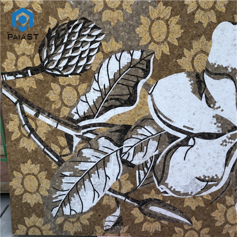 Custom Brown Flower Marble Mosaic Art For Wall