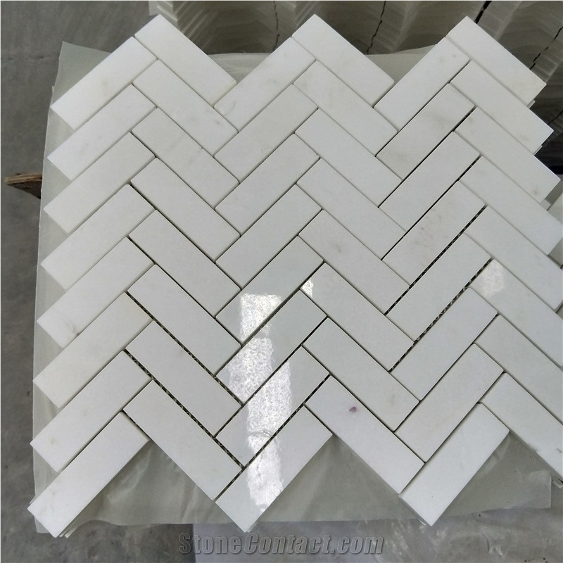 Herringbone Thassos Crystallina Marble Mosaic
