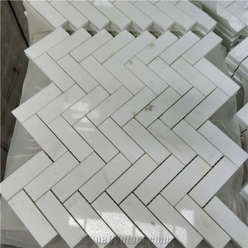 Herringbone Thassos Crystallina Marble Mosaic